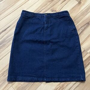 Modest Knee Length Denim Skirt Sz 14 Dk Blue Jean Skirt Chadwick Shape Benefits